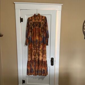 Soft Surroundings Vintage Floral Long Sleeve Dress - Orange and Blue Medium